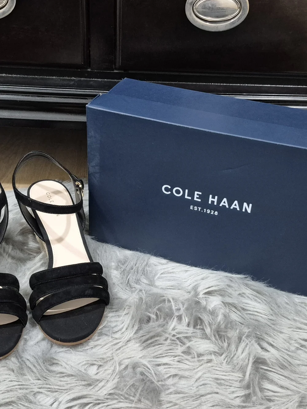 COLE HAAN Women's Black Suede Strap Espadrille Wedge Sandals Size 7.5B